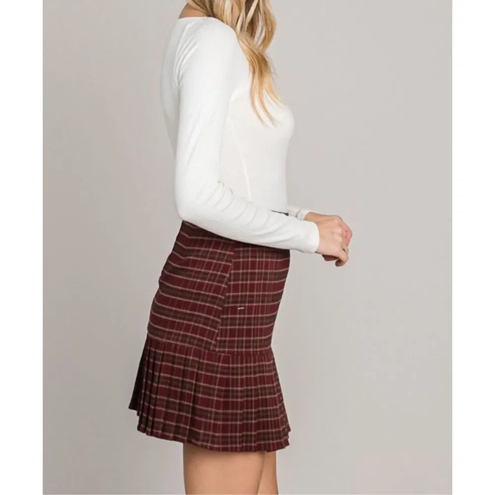 Burgundy Twill Check Tiered Pleated Skirt
